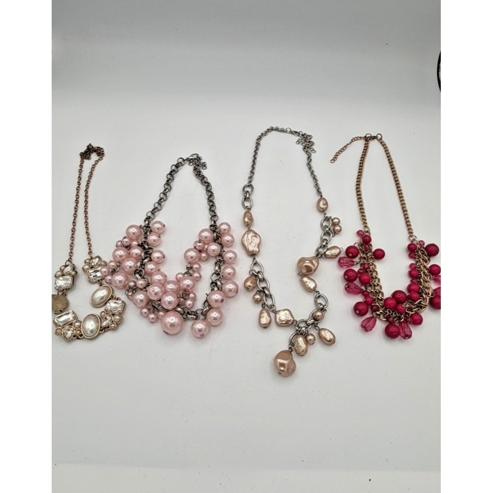 Statement Necklace Lot Pink Pearl Chunky Beaded Rhinestone Gold Tone Fashion Jew